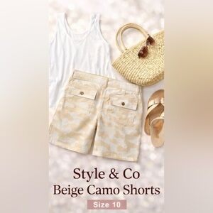 Style & Co beige camo shorts size 10 mid rise utility cargo summer casual